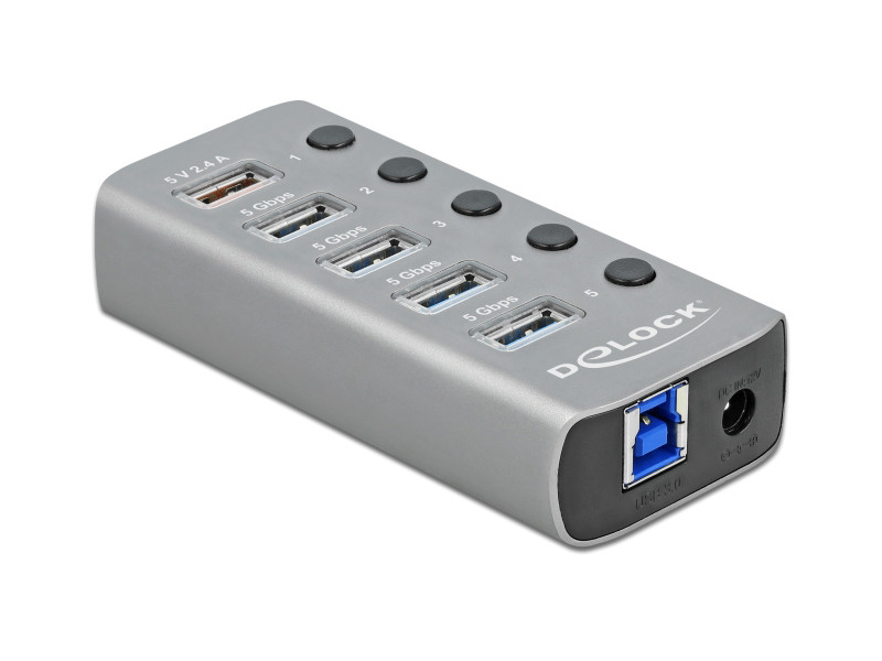 DELOCK USB hub 63262 με διακόπτες, 5x θυρών, 5Gbps, 2.4A, γκρι