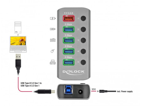 DELOCK USB hub 63262 με διακόπτες, 5x θυρών, 5Gbps, 2.4A, γκρι