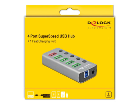 DELOCK USB hub 63262 με διακόπτες, 5x θυρών, 5Gbps, 2.4A, γκρι