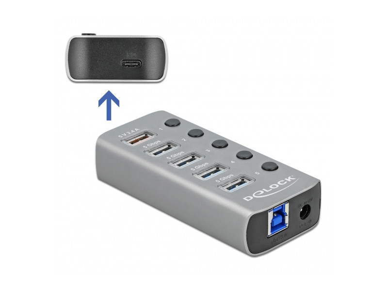 DELOCK USB hub 63263 με διακόπτες, 6x θυρών, 5Gbps, 12V/2.25A PD, γκρι