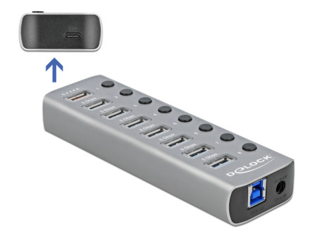 DELOCK USB hub 63264 με διακόπτες, 9x θυρών, 5Gbps, 12V/2.25A PD, γκρι