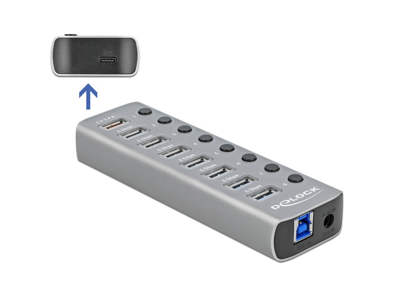 DELOCK USB hub 63264 με διακόπτες, 9x θυρών, 5Gbps, 12V/2.25A PD, γκρι