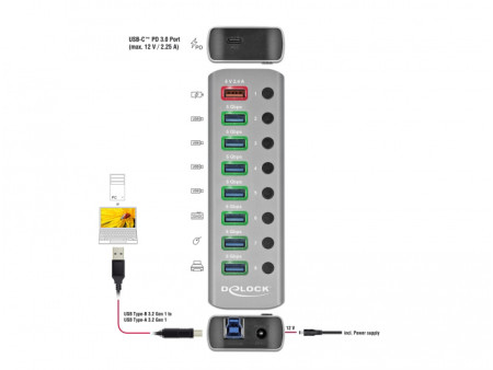 DELOCK USB hub 63264 με διακόπτες, 9x θυρών, 5Gbps, 12V/2.25A PD, γκρι