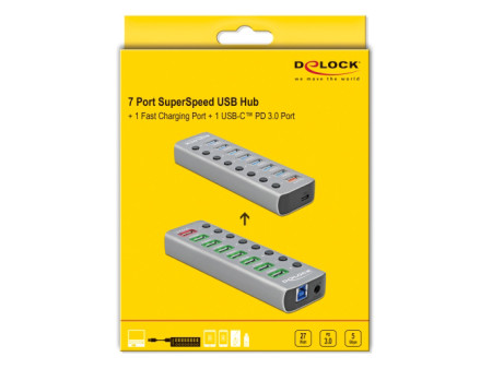 DELOCK USB hub 63264 με διακόπτες, 9x θυρών, 5Gbps, 12V/2.25A PD, γκρι