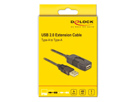 DELOCK καλώδιο USB 2.0 αρσενικό σε θηλυκό 82308, active, 5m, μαύρο