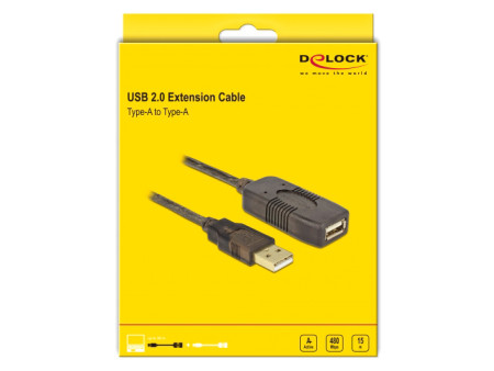 DELOCK καλώδιο USB 2.0 αρσενικό σε θηλυκό 82689, active, 15m, μαύρο