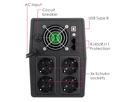 POWERTECH UPS Line Interactive PT-1800LCD με οθόνη, 1800VA, 1080W, 4x Schuko, 2x RJ45/RJ11, USB Type B