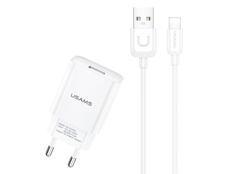 USAMS φορτιστής τοίχου T21OCLN01 με καλώδιο Lightning, USB 2.1A, λευκός