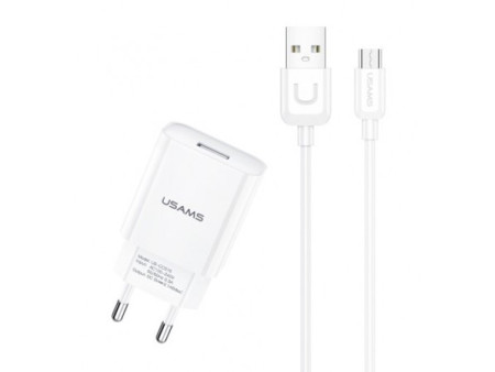 USAMS φορτιστής τοίχου T21OCMC01 με καλώδιο Micro USB, USB 2.1A, λευκός