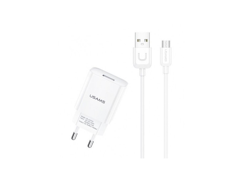 USAMS φορτιστής τοίχου T21OCMC01 με καλώδιο Micro USB, USB 2.1A, λευκός