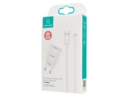 USAMS φορτιστής τοίχου T21OCMC01 με καλώδιο Micro USB, USB 2.1A, λευκός