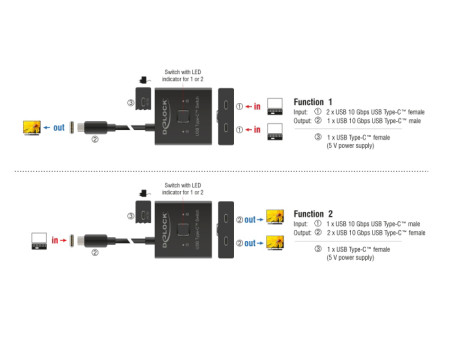 DELOCK USB-C switch 18911, 2 σε 1 bidirectional, 10Gbps, 8K, 100W, μαύρο