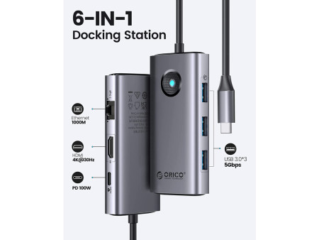 ORICO docking station PW11-6PR, 6 θυρών, USB-C σύνδεση, 100W PD 4K, γκρι