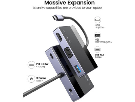 ORICO docking station DM-5P, 5 θυρών, USB-C σύνδεση, 100W PD, 4K, μαύρο