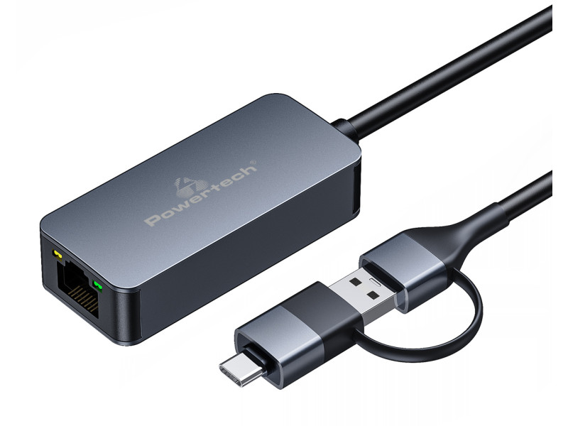 POWERTECH αντάπτορας δικτύου PTR-0149, USB & USB-C, 1000 Mbps, γκρι