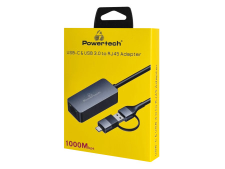 POWERTECH αντάπτορας δικτύου PTR-0149, USB & USB-C, 1000 Mbps, γκρι