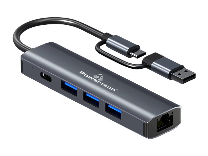 POWERTECH USB hub PTR-0150 με θύρα δικτύου, 4 θυρών, USB & USB-C, γκρι