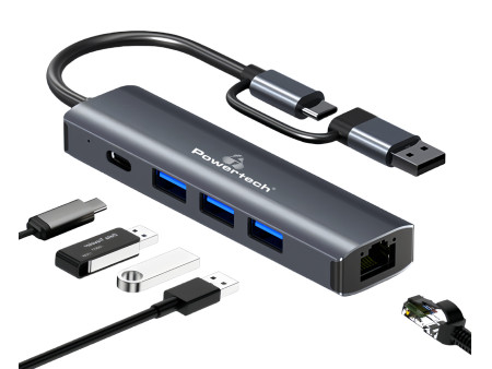 POWERTECH USB hub PTR-0150 με θύρα δικτύου, 4 θυρών, USB & USB-C, γκρι