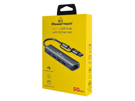 POWERTECH USB hub PTR-0150 με θύρα δικτύου, 4 θυρών, USB & USB-C, γκρι