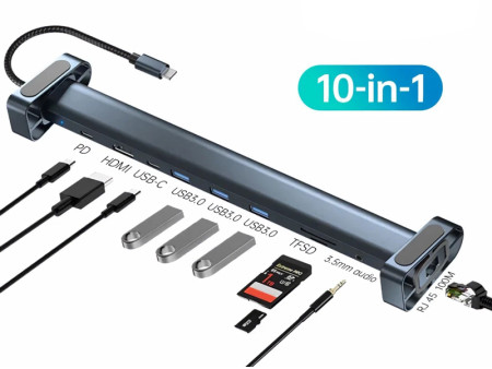 POWERTECH docking station PTR-0152, 10 θυρών, βάση laptop, USB-C, γκρι