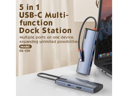 LDNIO docking station DS-15H, 5 θυρών, USB-C σύνδεση, 4K, 100W PD, γκρι