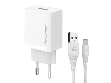 POWERTECH φορτιστής τοίχου PT-1322 με καλώδιο USB-C, USB, 12W, λευκός