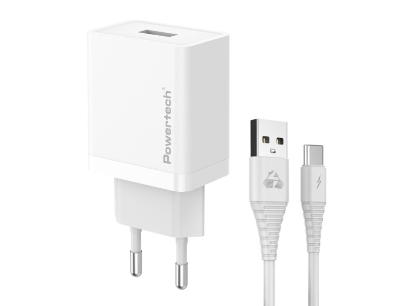 POWERTECH φορτιστής τοίχου PT-1322 με καλώδιο USB-C, USB, 12W, λευκός