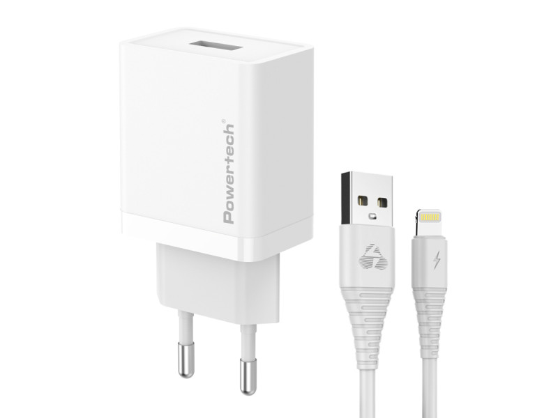 POWERTECH φορτιστής τοίχου PT-1323 με καλώδιο Lightning, USB, 12W, λευκός