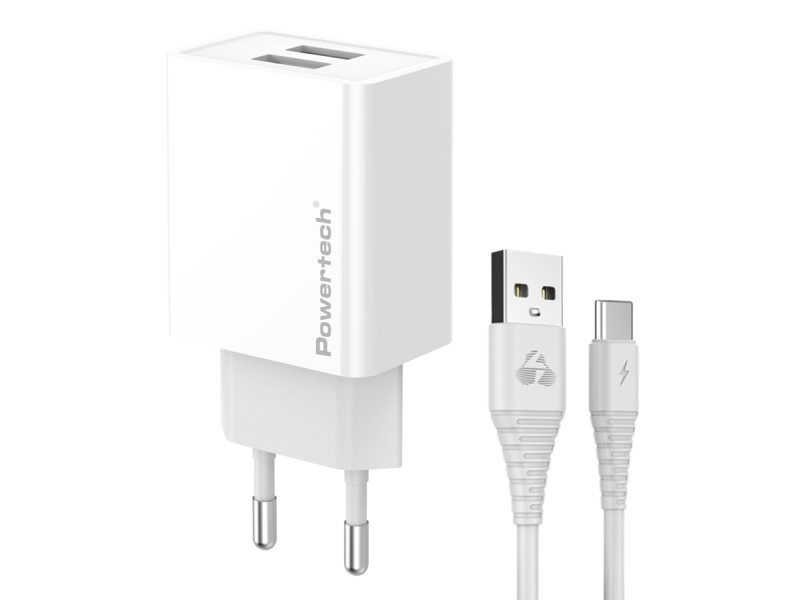 POWERTECH φορτιστής τοίχου PT-1324 με καλώδιο USB-C, 2x USB, 12W, λευκός