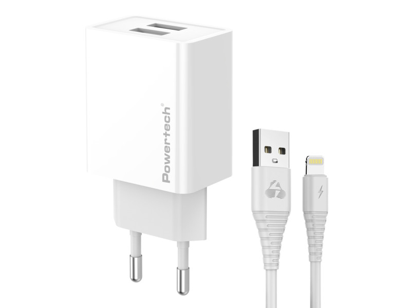 POWERTECH φορτιστής τοίχου PT-1325 με καλώδιο Lightning, 2x USB, 12W, λευκός