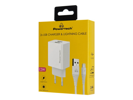 POWERTECH φορτιστής τοίχου PT-1325 με καλώδιο Lightning, 2x USB, 12W, λευκός