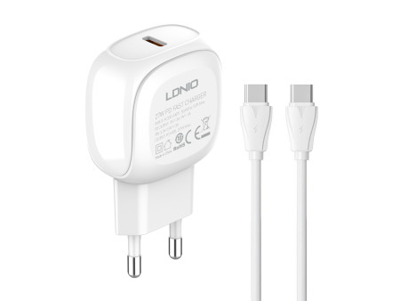 LDNIO φορτιστής τοίχου A1206C με καλώδιο USB-C, 1x USB-C, 27W PD, λευκός