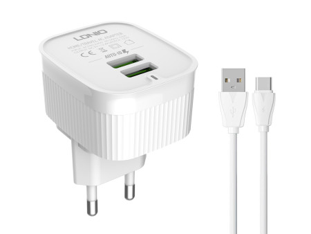 LDNIO φορτιστής τοίχου A201 με καλώδιο USB-C, 2x USB, 12W, λευκός