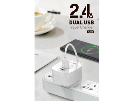 LDNIO φορτιστής τοίχου A201 με καλώδιο USB-C, 2x USB, 12W, λευκός