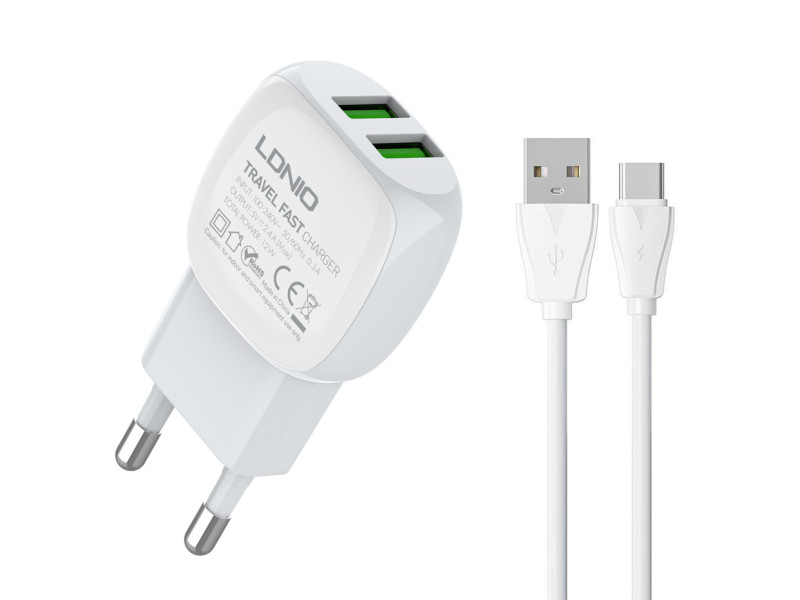 LDNIO φορτιστής τοίχου A2218 με καλώδιο USB-C, 2x USB, 12W, λευκός