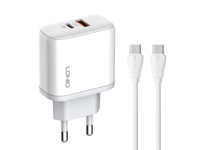 LDNIO φορτιστής τοίχου A2526C με καλώδιο, USB & USB-C, 45W PD, λευκός