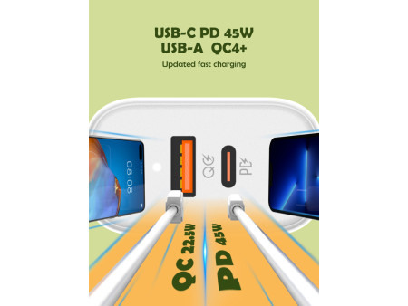 LDNIO φορτιστής τοίχου A2526C με καλώδιο, USB & USB-C, 45W PD, λευκός