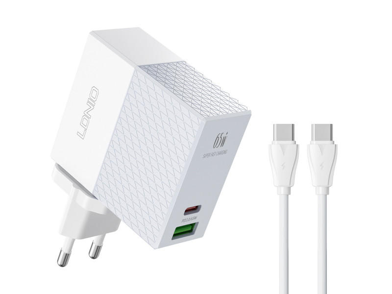 LDNIO φορτιστής τοίχου A2620C με καλώδιο, USB & USB-C, 65W PD, λευκός