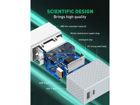LDNIO φορτιστής τοίχου A2620C με καλώδιο, USB & USB-C, 65W PD, λευκός