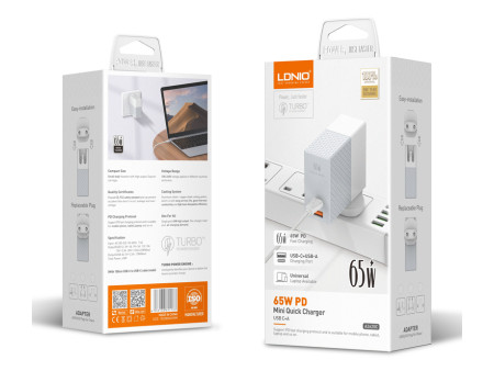 LDNIO φορτιστής τοίχου A2620C με καλώδιο, USB & USB-C, 65W PD, λευκός