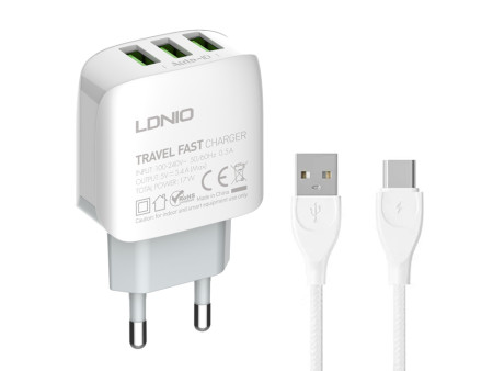 LDNIO φορτιστής τοίχου A3312 με καλώδιο USB-C, 3x USB, 17W, λευκός