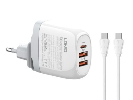 LDNIO φορτιστής τοίχου A3511Q με καλώδιο, USB-C/2x USB, 65W, GaN, λευκός