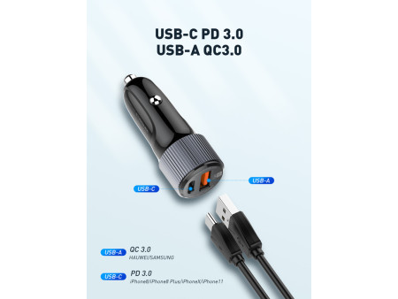 LDNIO φορτιστής αυτοκινήτου C510Q με καλώδιο, USB & USB-C, 38W, μαύρος