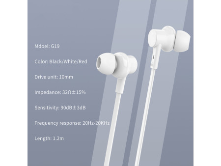 CELEBRAT earphones με μικρόφωνο G19, 3.5mm σύνδεση, Φ10mm, 1.2m, λευκά