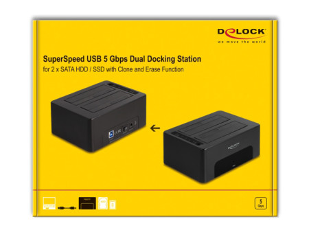 DELOCK docking station 64187, clone/erase function, 2x SSD/HDD, 5Gb/s