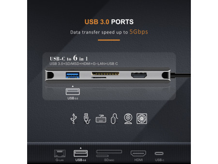 CABLETIME docking station CT-CMHD61L, 6 θυρών, USB-C σύνδεση, 4K, 100W, γκρι