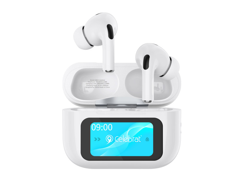 CELEBRAT earphones με θήκη φόρτισης W63, οθόνη αφής, TWS, ANC, 13mm, 30/360mAh, λευκό