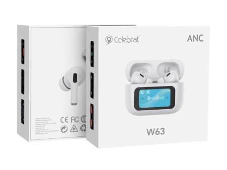 CELEBRAT earphones με θήκη φόρτισης W63, οθόνη αφής, TWS, ANC, 13mm, 30/360mAh, λευκό