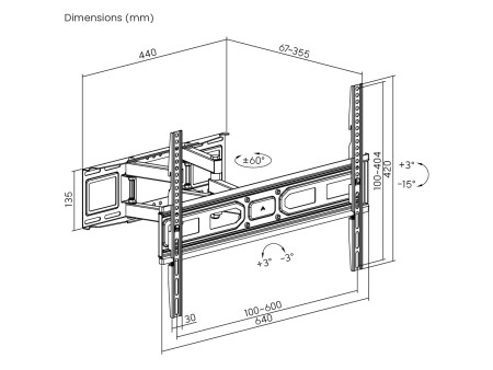 POWERTECH επιτοίχια βάση PT-1130 για τηλεόραση 37-80", full motion, 40kg