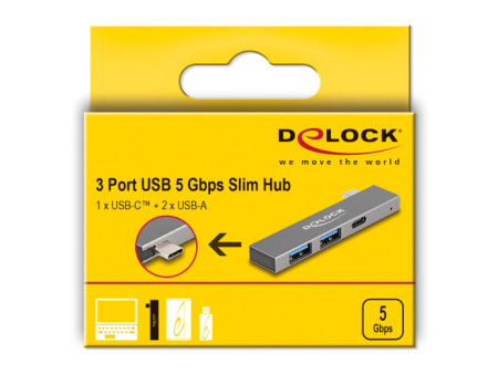 DELOCK USB hub 64275, 3x θυρών, 5Gbps, USB-C σύνδεση, γκρι